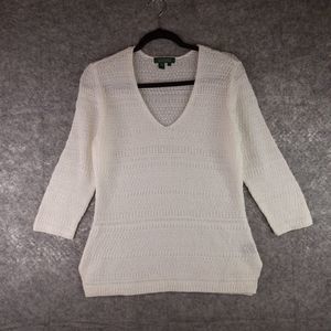 Lauren Ralph Lauren Linen Sweater Womens S White Open Knit Long Sleeve V-Neck